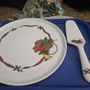 vintage holiday pie or cake serving platter and matching server made in Japan